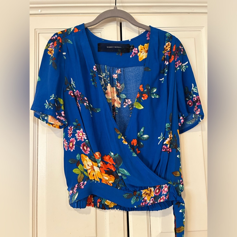 Code X Mode Blue & Floral Faux Wrap Blouse